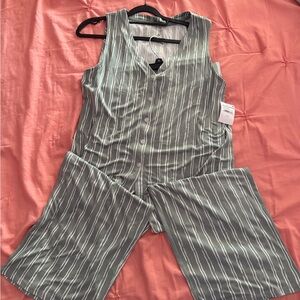 Striped Sleeveless Green & white Pajamas Set